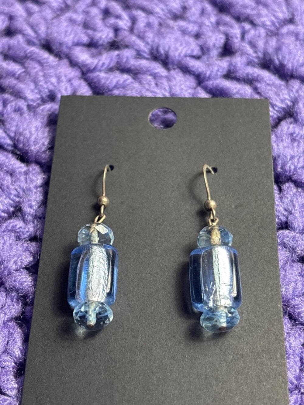Blue Glass Beaded Dangle Earrings 925 Sterling Hooks 7/8 inch